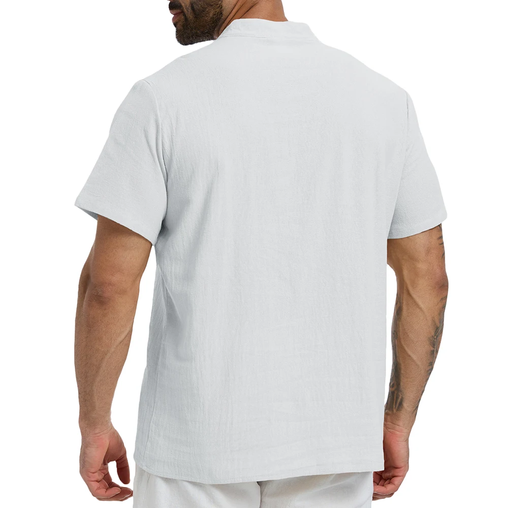 Herren-T-Shirt aus Baumwolle und Leinen, Sommer, atmungsaktiv, leicht, Henley-Ausschnitt, zum Schnüren, modisch, kurzärmelig, für Herren, lässige T-Shirts – Detail 4