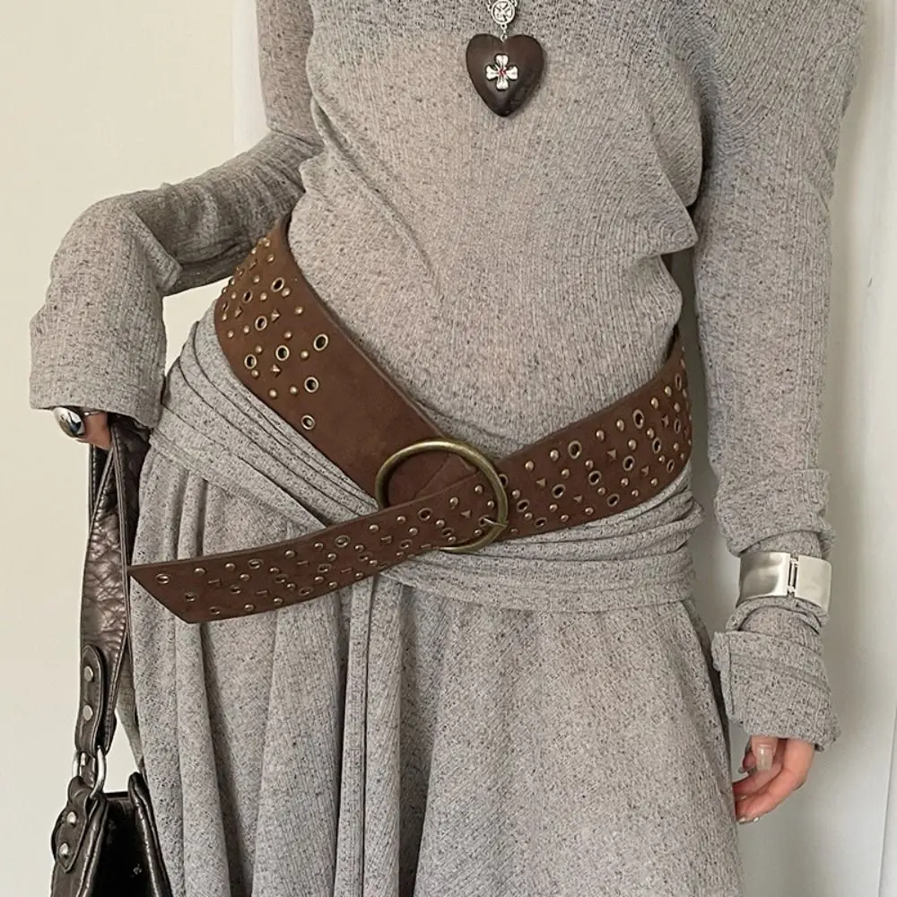 우아한 리벳 카우걸 벨트 하라주쿠 Y2K 와이드 허리띠 조절 가능한 한국 스타일 PU 가죽 벨트 바지