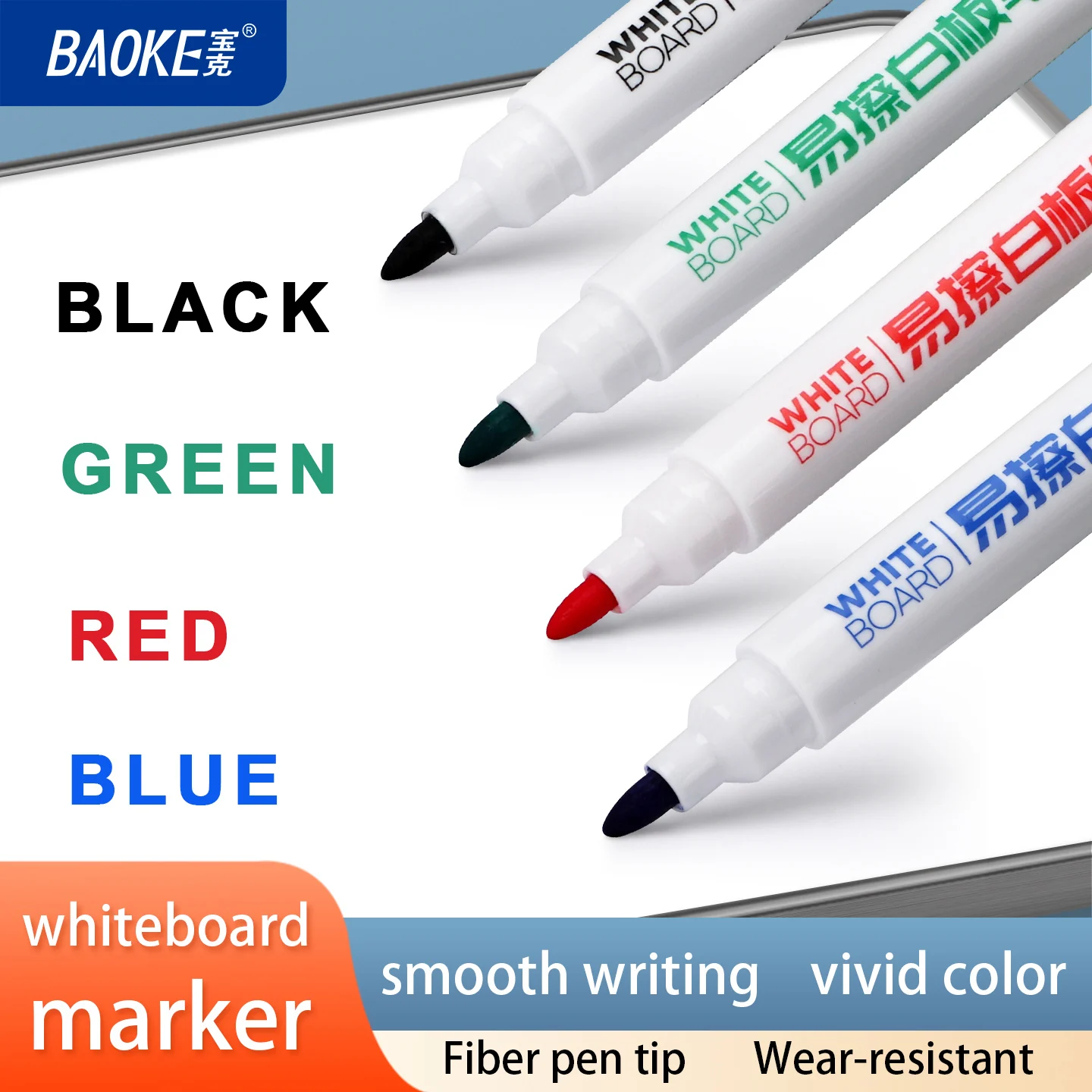 BAOKE MP3926 Low-Odor Fiber Tip Dry Erase Whiteboard Marker, Pack of 4, Black, Red, Green, Blue