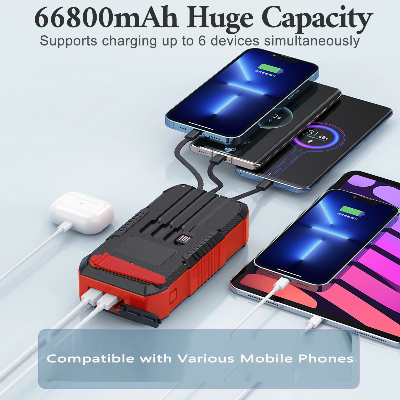 Hand Crank Solar Power Bank 66800mAh LED SOS Light Emergency Charger Powerbank for iPhone Huawei Xiaomi Samsung External Battery