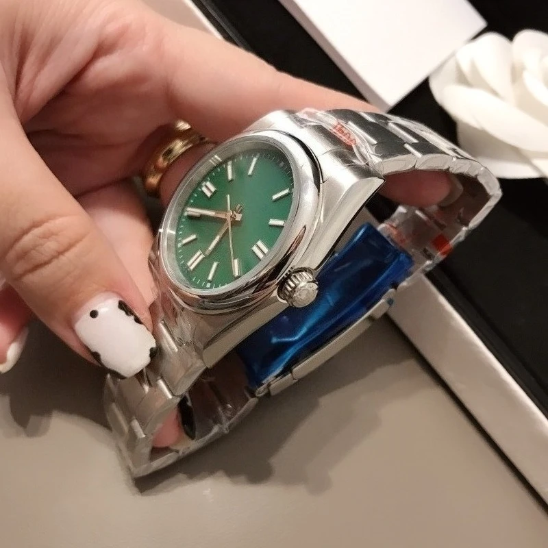 Nueva marca de lujo, reloj mecánico automático para mujer, pulsera de acero inoxidable, esfera verde luminosa, relojes de pulsera de cuarzo de alta calidad