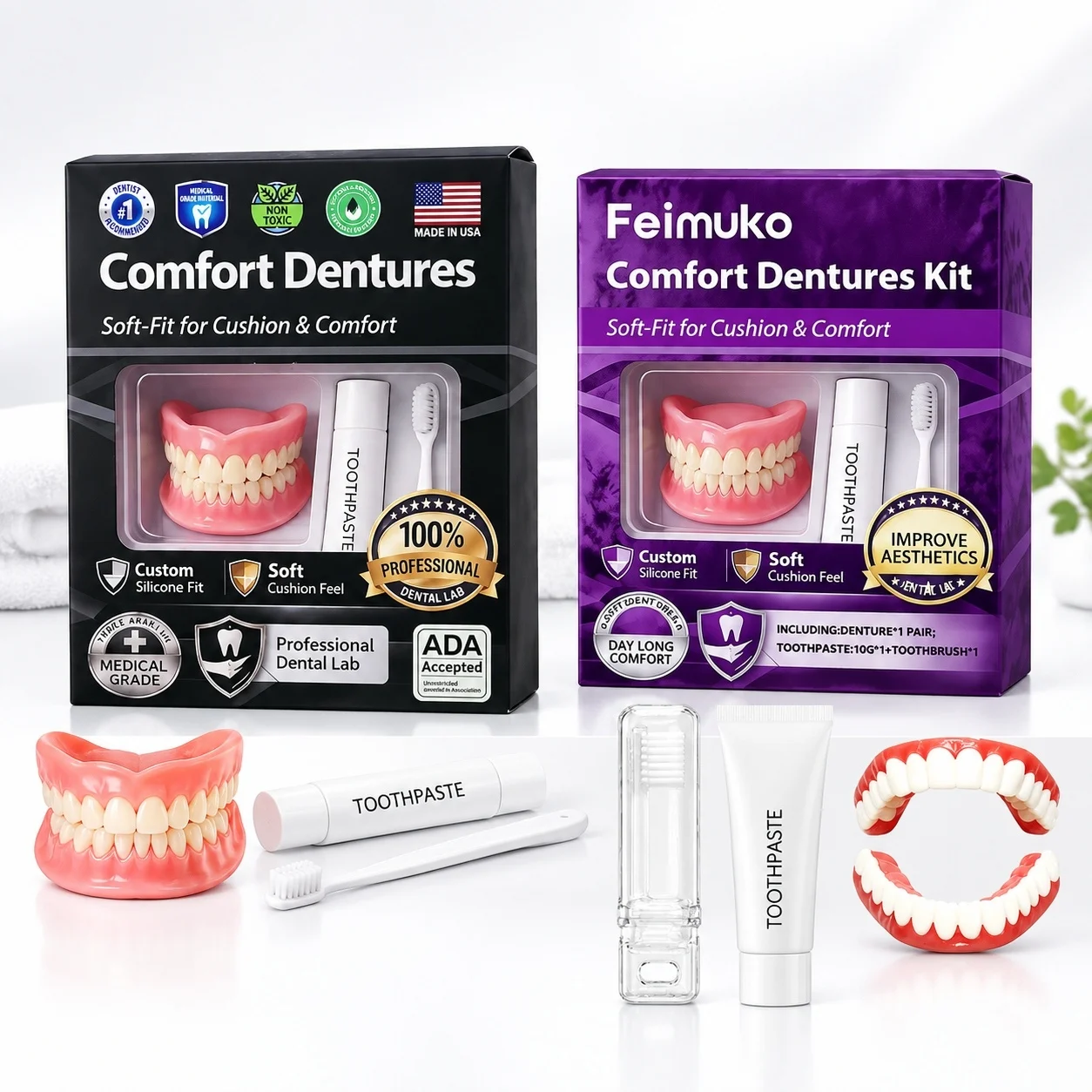 2026 New Instant Smile Moldable Silicone Denture Kit, Natural Ivory Upper & Lower False Teeth With Toothbrush & Toothpaste