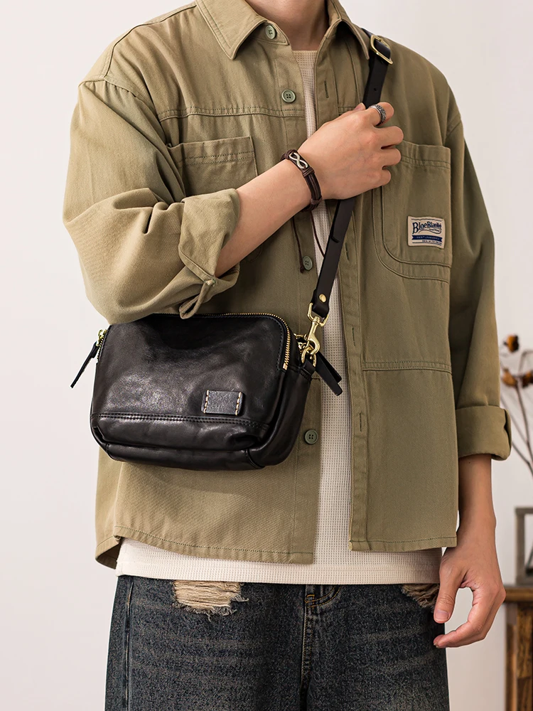 Simple fashion luxury genuine leather men's black shoulder bag outdoor weekend daily handmade cow leather teens crossbody bag