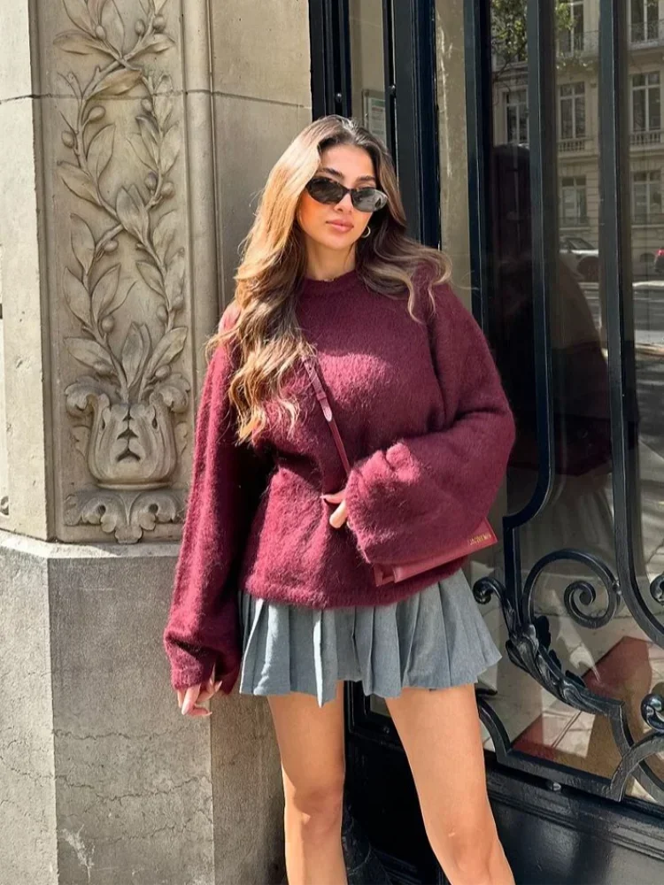 Burgundy Women O Neck Knit Pullover Fashion Long Sleeve Soft Warm Female Sweater 2025 High Street Lady Jumpers Clearance Sale