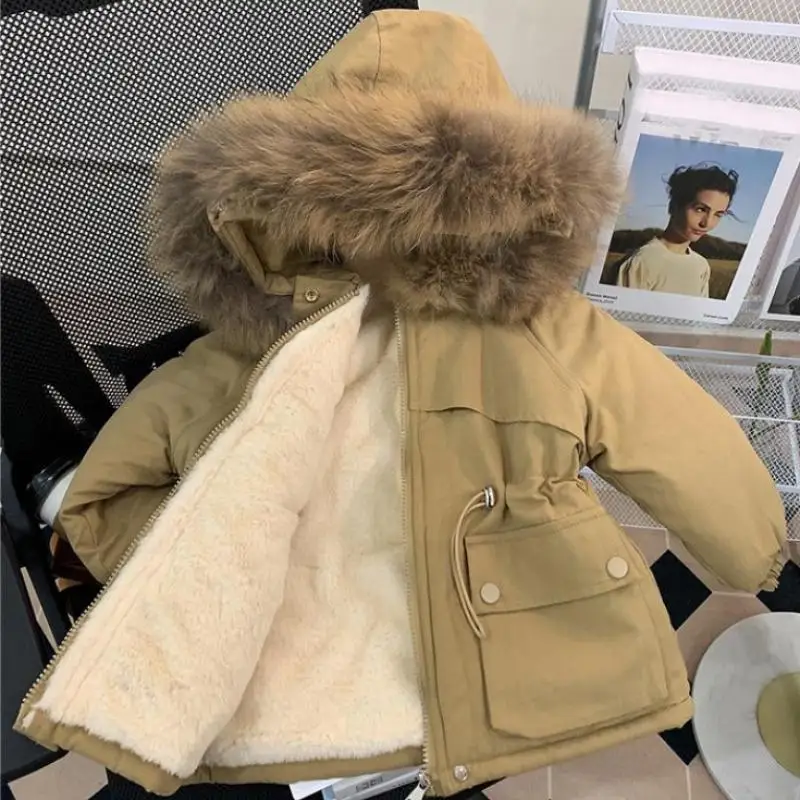 

Girls' Winter New Hooded Fur Collar with Thick Fleece and Waist Cinching Sweet and Fashionable Versatile Cotton Jacket