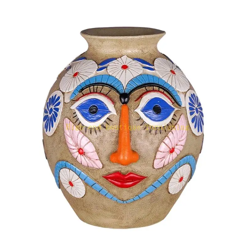 L9NB Artistic Synthetic Container With Unique Hand Colored Face Design For Interior Styling
