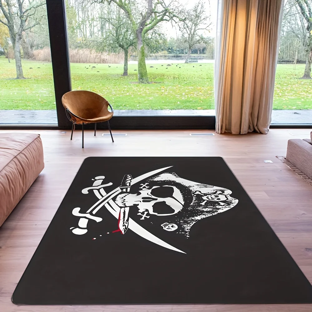 Pirate Skull Theme Flannel-printed floor mats are slip-resistant Suitable for living room bedroom terrace garden carpets