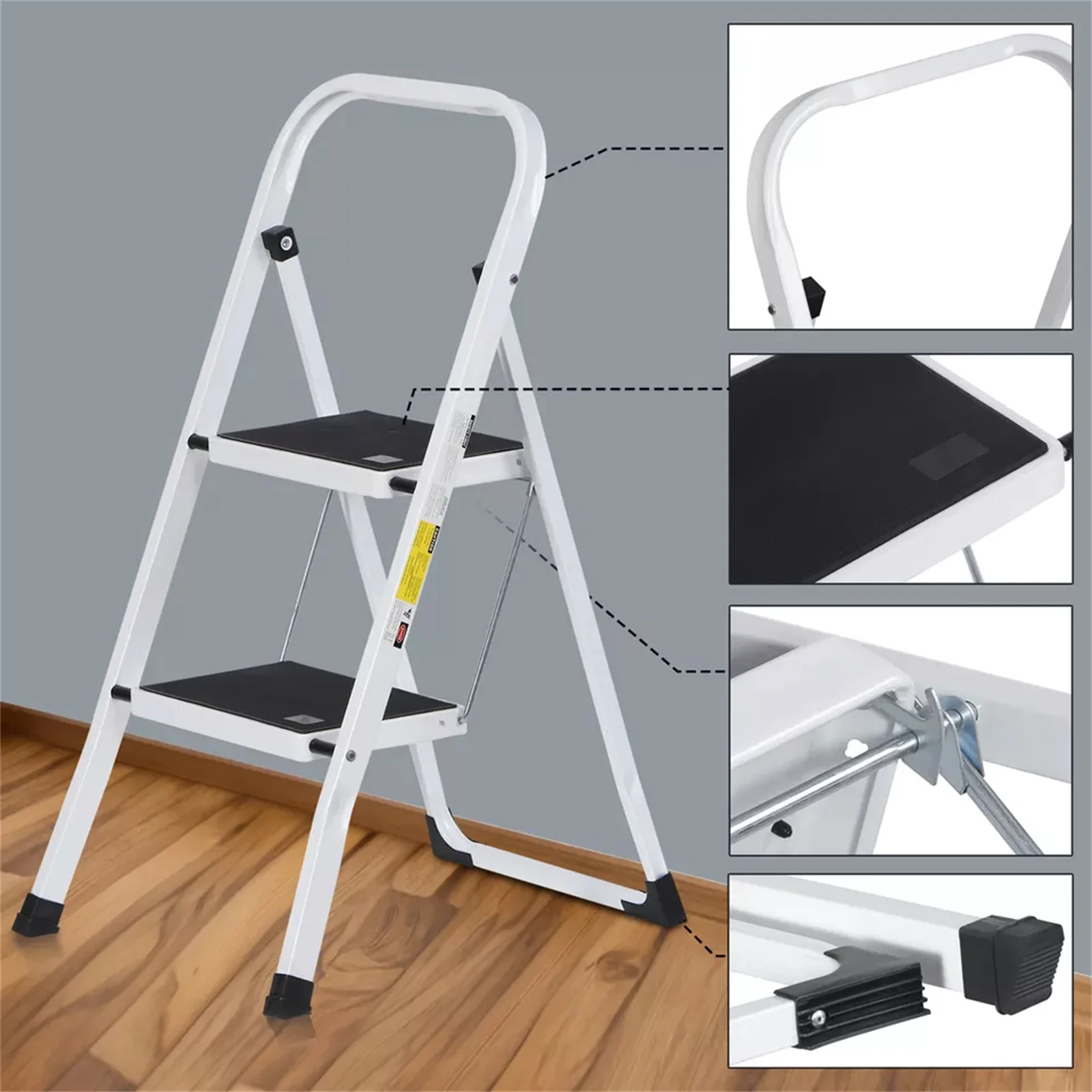 2 Treden Ladder Veiligheid Antislip Mat Loopvlak Opvouwbare Keuken Stalen Opstapstoel Wit