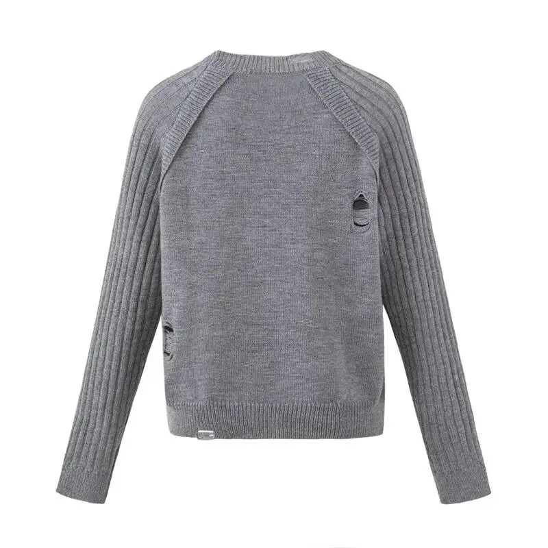 Distressed Hole Crew Neck Men's Knit Sweater Loose Fit Vintage Graffiti Printed Raglan Sleeve Casual Knit Pullovers CP7A