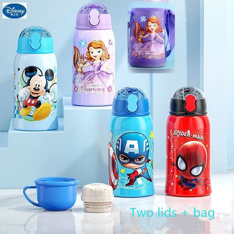 600ML Mickey Kids Thermos Mug with two lid Cartoon Sofia Stainless Steel Vacuum Flasks for baby Children water cups with bag