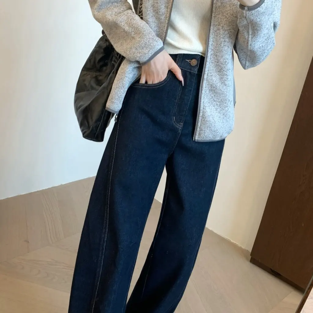 

Широкие брюки с высокой талией, индиго, модные трехмерные пошивные брюки, реактивная краска, изогнутая строчка, зимняя линия F110705