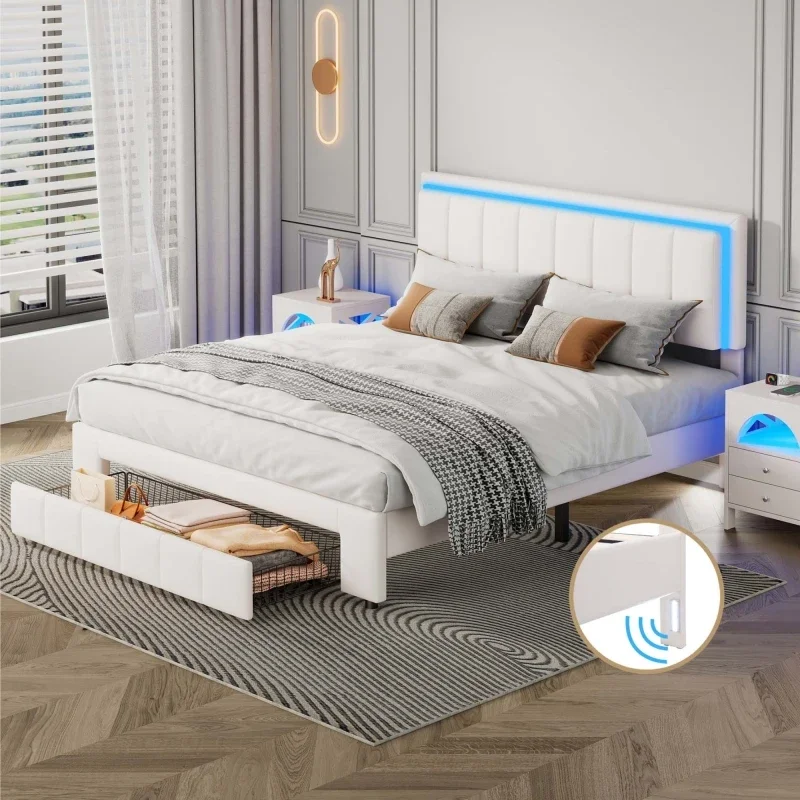 High Quality Upholstered Platform Bed with LED Lights and Two Motion Activated Night Lights,High Quality