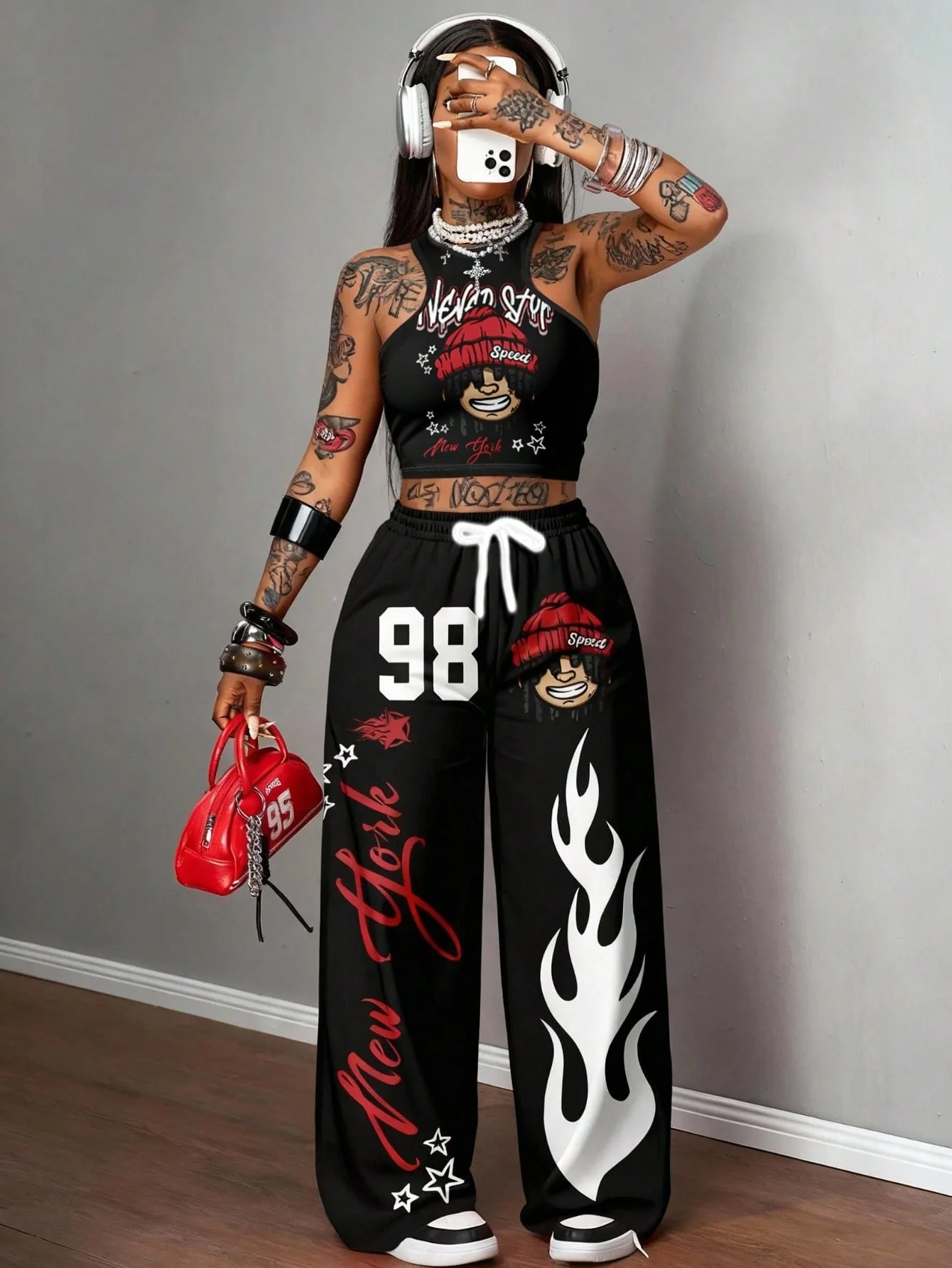 2026 Summer Kids Girls Soft Breathable Loose Fit Quick Dry Trousers Red Number 98 Halter Black Red Yellow Flame Print Pants