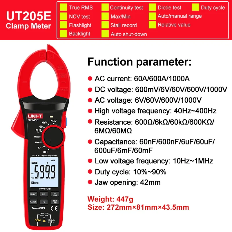 UNI-T Stroomtang UT207B UT208B AC DC Amperometrische Stroomtang Digitale Multimeter Ampèremeter Tang Inrush Stroom Tester Workshop Gereedschap