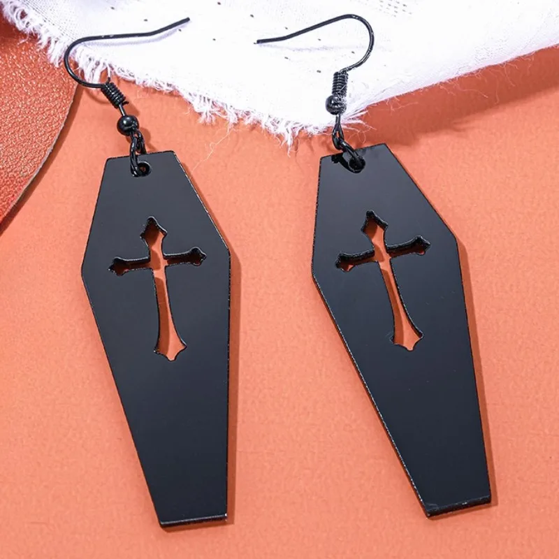 Gothic Death Cross Cutout Vampire Coffin Earrings for Women 2024 New Goth Punk Black Color Jewelry Y2k Accessories Party Gifts