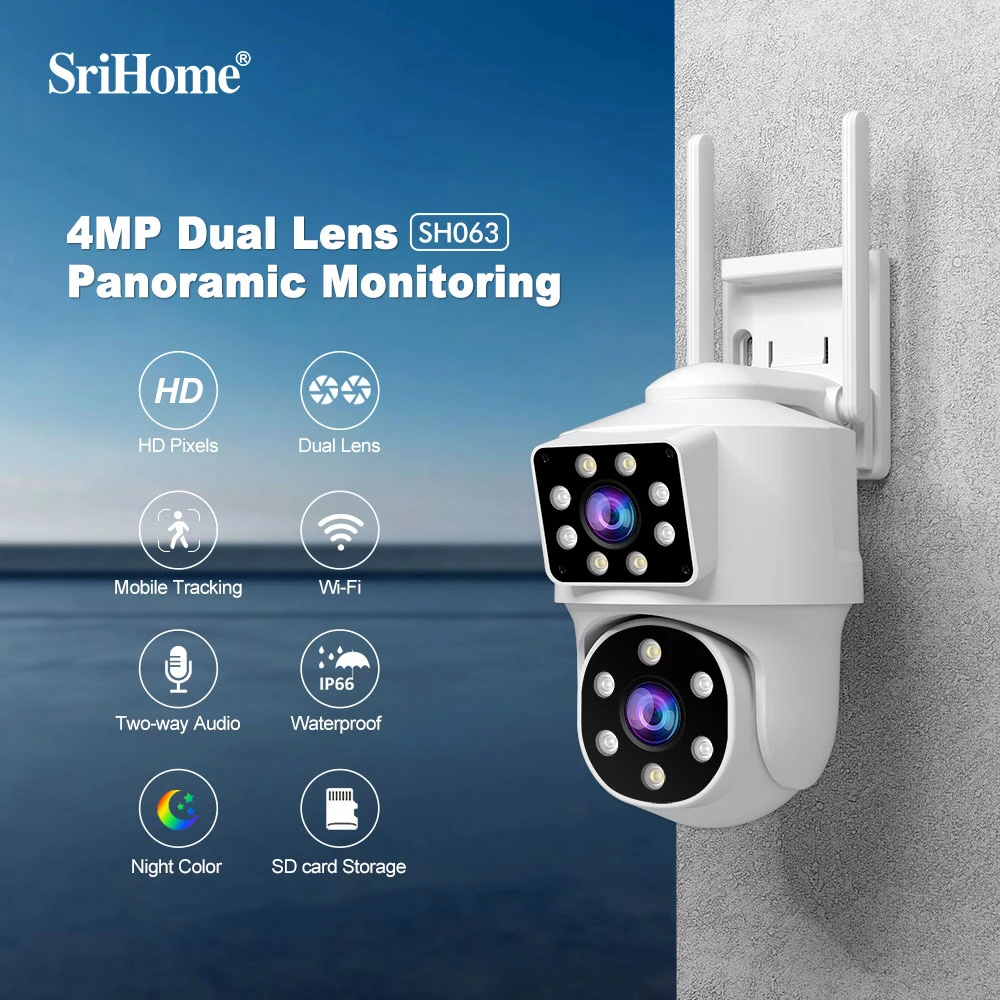 

SriHome SH063 4MP Home Security Dual Lens Outdoor Wireless Security WiFi CCTV PTZ IP Camera Video Dome PTZ Monitor Camera