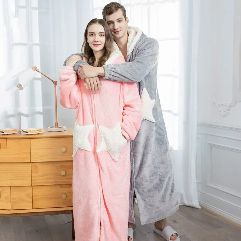 

Women Pajamas Flannel Onesies Autumn Winter Sleep Men Couple Thick Cardigan Velvet Lounge Flannel Sleepwear Pyjamas Homewear