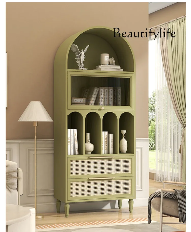 

HK American solid wood bookcase Nordic side cabinet light luxury floor bookshelf French retro arched decorative wine cabinet