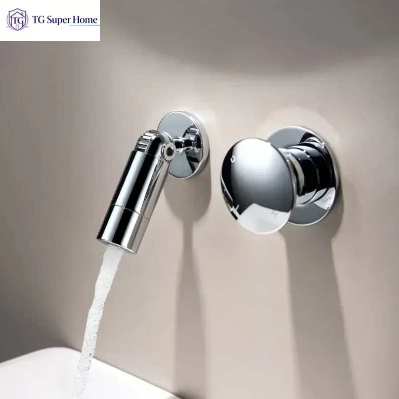 Full Brass Wall Mounted Concealed Basin Faucet Recessed Installation Rotatable Spout Hot Cold Mixer Tap Modern Home Bathroom