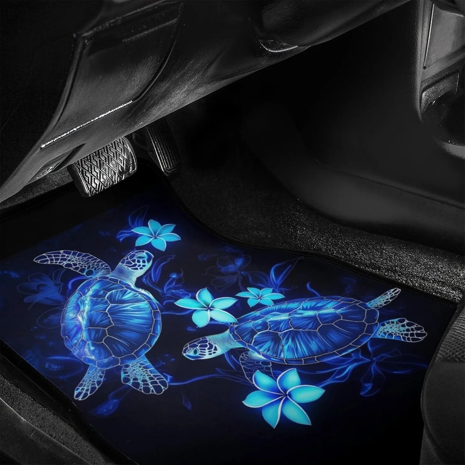 4-Pcs Sea Turtles Flower Car Floor Mats | Polyester Universal Fit Auto Floor Mats For SUVs, Trucks, Sedans, Vans