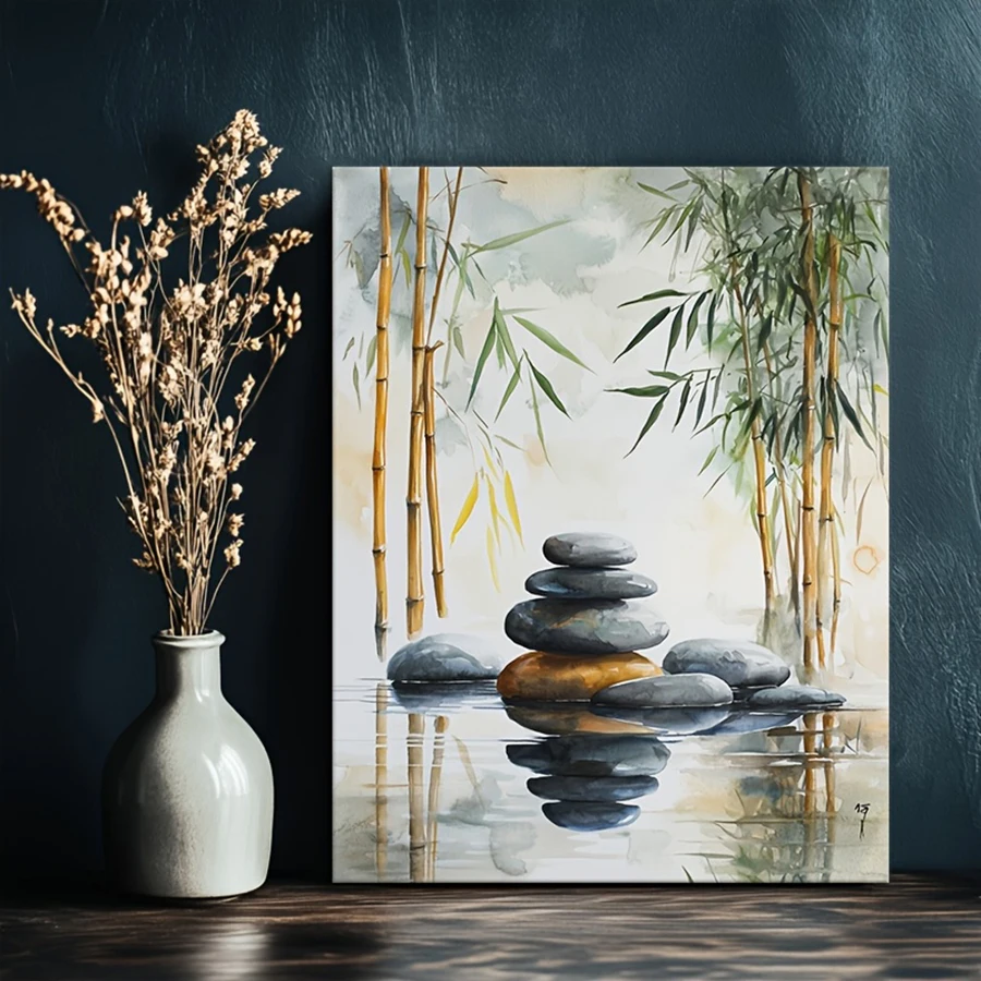 Tranquility Canvas Art Print Posters- Stacked Stones and Bamboo  Tranquil Wall arts Decor for Modern Living Room, Office, Studi