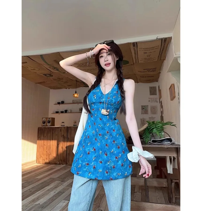 

【New style】Tea break French V-neck blue floral dress for women's summer retro sleeveless mid-length dress with waist to show sl