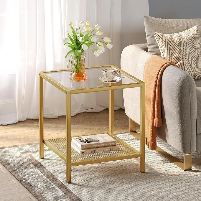 

Glass Side Table Small Gold End for Small Spaces 2-Tier Square Night Stand with Storage Modern Bed with Gold Frame for