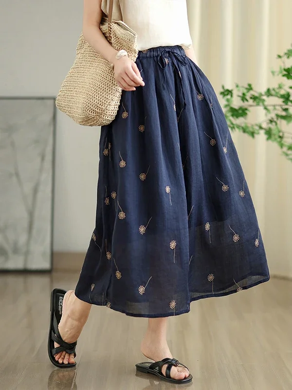 Artistic Floral Print A Line Midi Skirt High Waist Slimming Loose Double Layer Plus Size Women Casual Commute Style