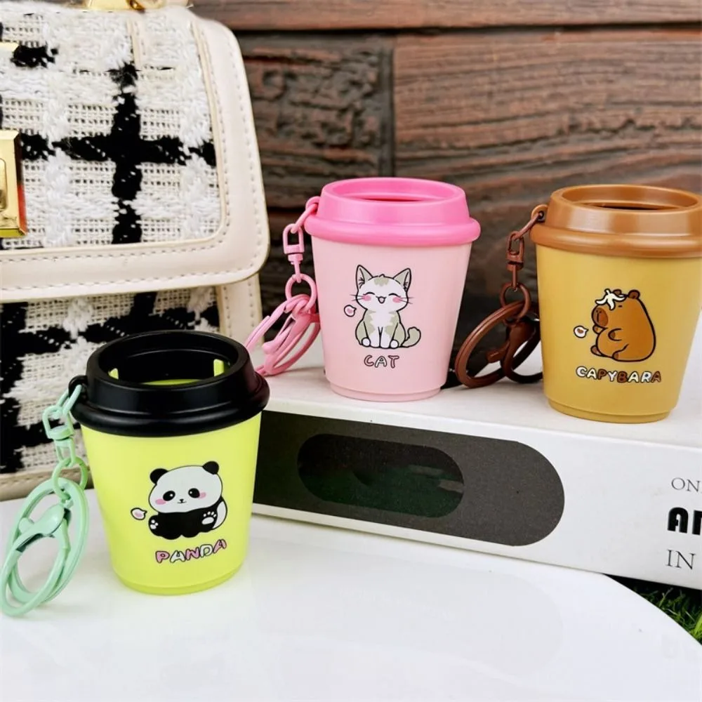 Bounce Cat Milk Tea Cup Keychain Panda Luminescence Car Keyring Bag Hanging Ornaments Cartoon Animals Dolls Schoolbag Pendant