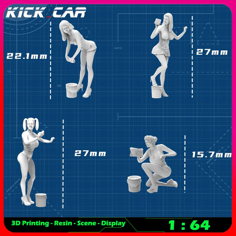 Kickcar 1/64 Car Wash Girls Model Car Diorama Uncolored Resin Garage Scene Figure Decoration Simulation Scene Toy