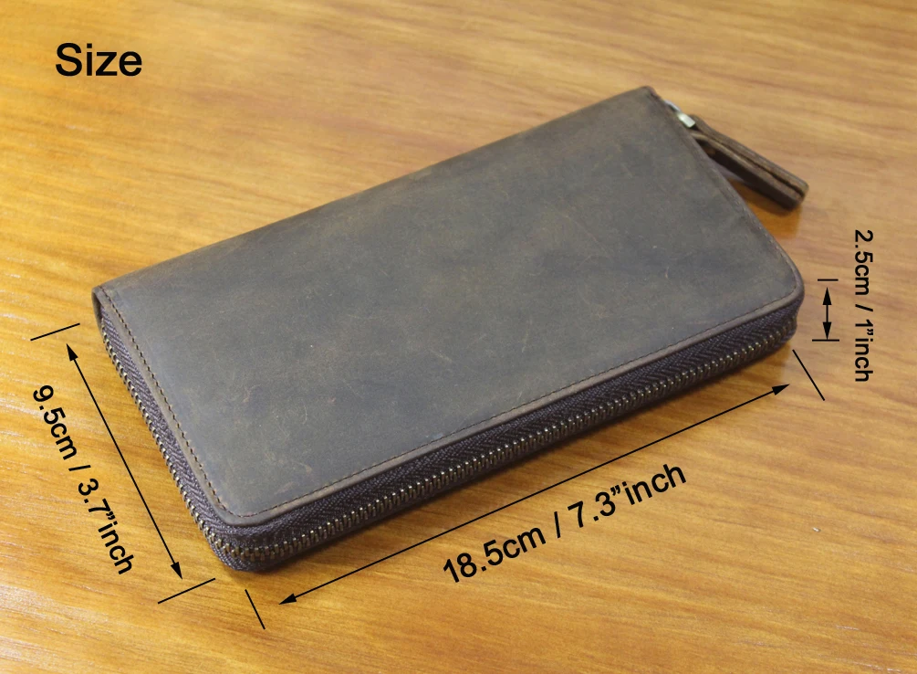 Vintage crazy horse Leather Men's Clutch Wallet Genuine Leather Long Wallet Zipper around Clutch Bag  Coin Bag Purse Money Clips