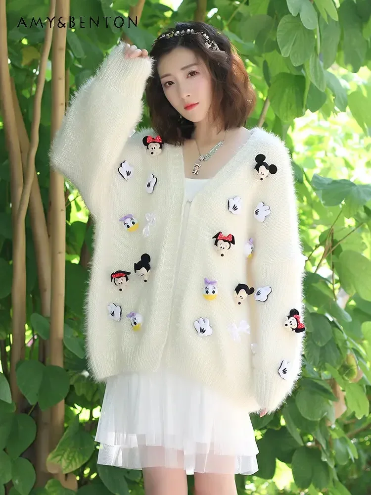 Autumn New Handmade Cartoon Doll Mid-Length Knitted Sweater Laides Fashion Trend Knitted Cardigan Sweaters Women\'s Kawaii Top