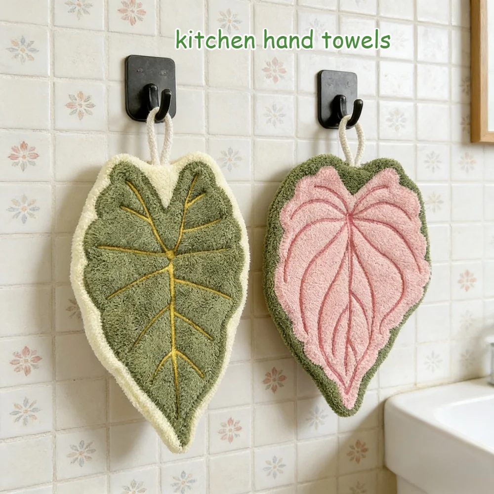 Coral Fleece Tropical Leaf Hanging Hand Towels 2 Pack Absorbent Quick-Dry Lint Free Kitchen Bathroom Household Cleaning Towel