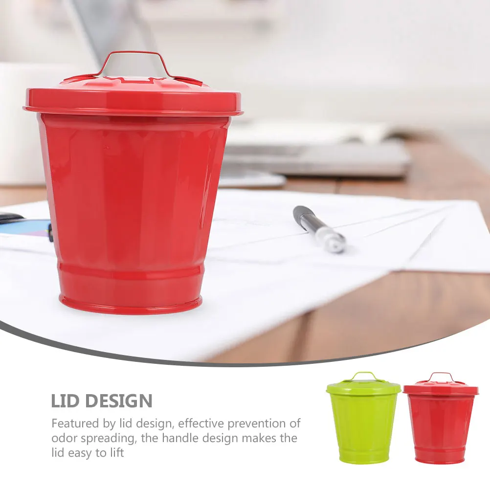 

2 Pcs Waste Trash Can with Lid Mini Trashcan Small Dustbin Iron Tabletop Office