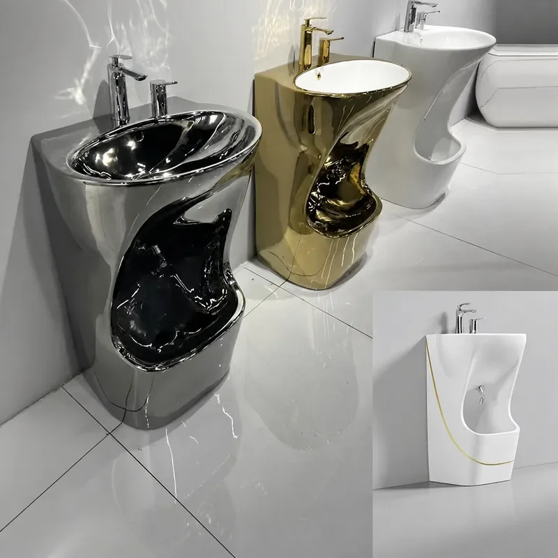 Modern Simple One Piece Double Hole Ceramic Column Basin EU Certified Made in Chaozhou Guangdong