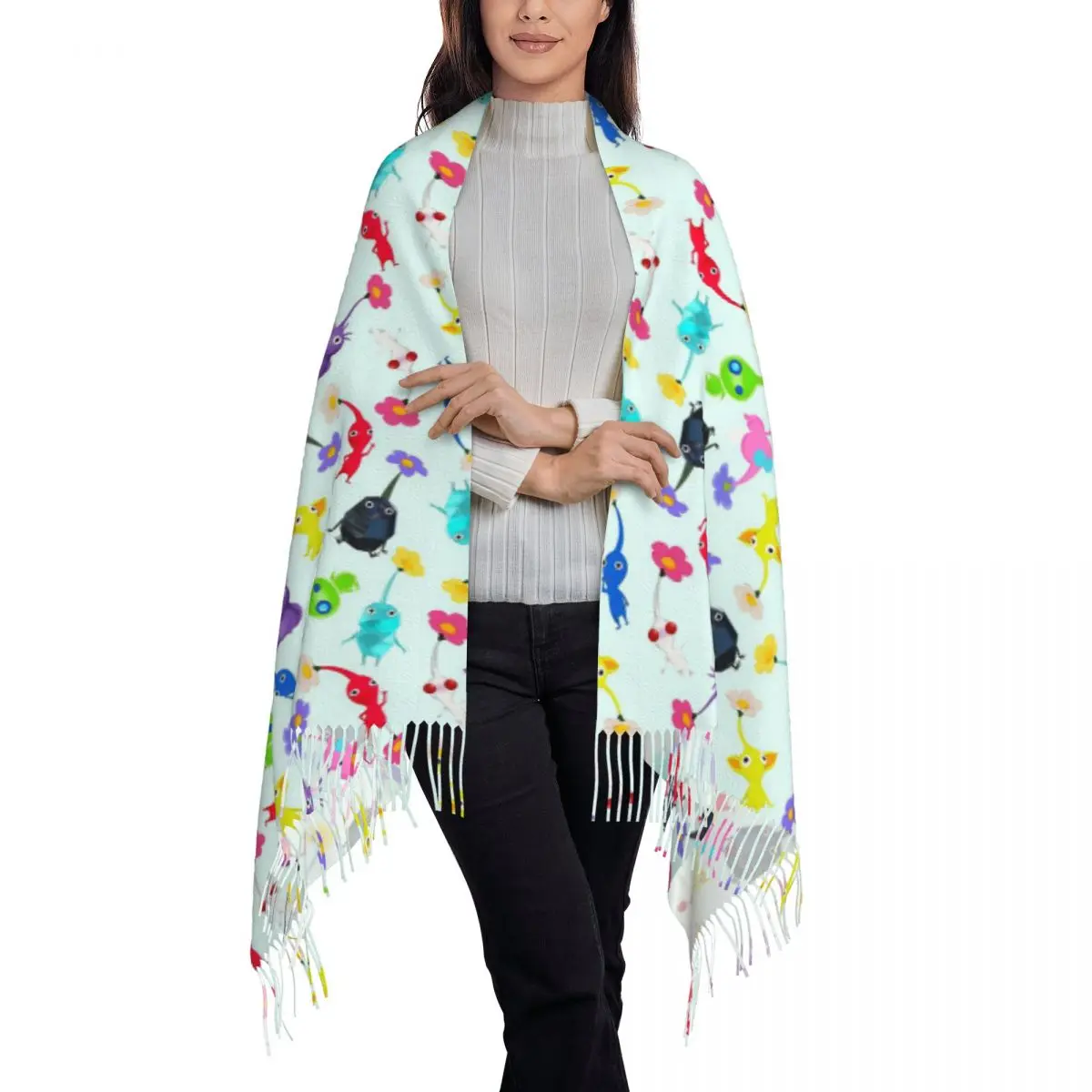 Game Kawaii Pikmin Cartoon Animation Scarf Tassel Scarves Women Soft Warm Shawls and Wraps Large Fall Winter Shawl Wrap