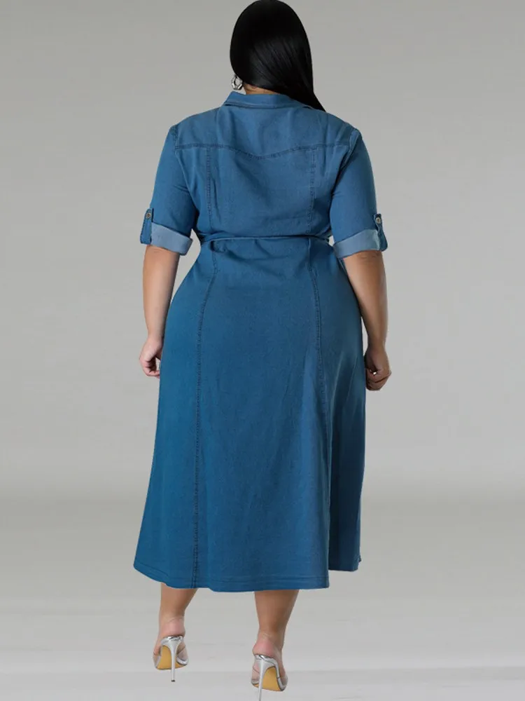 XL-5XL Plus Size Clothes Dresses Women Robes Summer Denim Loose Street Style Casual 3XL 4XL Duży rozmiar Midi Dress Oversized