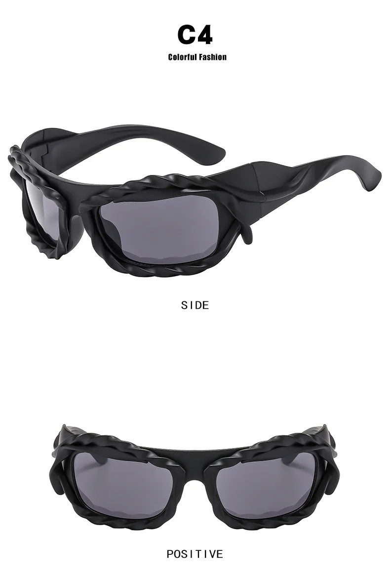 Einzigartige Hip-Hop-Y2K-Sonnenbrille für Damen und Herren, neue Sport-Sonnenbrille mit gedrehtem Design, Party-Sonnenbrille für Frauen, silberne Retro-2000er-Brille – Detail 10