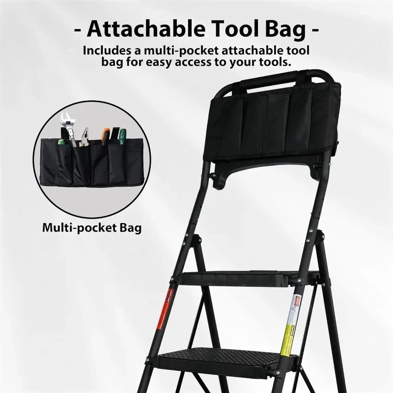 مقعد قابل للطي مع درابزين وصينية أدوات، سعة 400 رطل، فولاذ قوي، أسود، متعدد الاستخدام