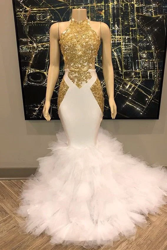 Lindo vestido de casamento rabo de peixe brilhante, pescoço rein, renda dourada, apliques, pufe e bainha sob o vestido de noiva personalizado