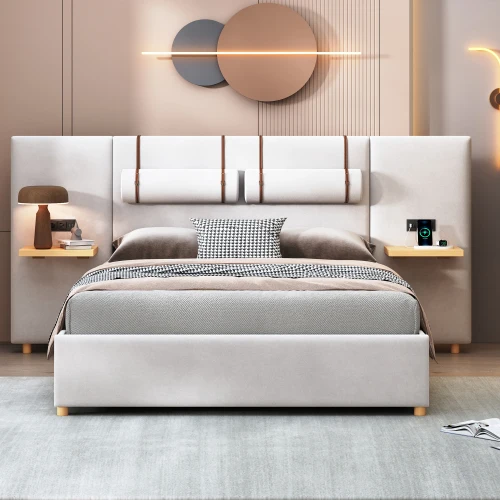 

# Size Adjustable Upholstered Platform Bed Two Outlets On Both Sides Two Bedside Pillows Storage Shelves Velvet Beige