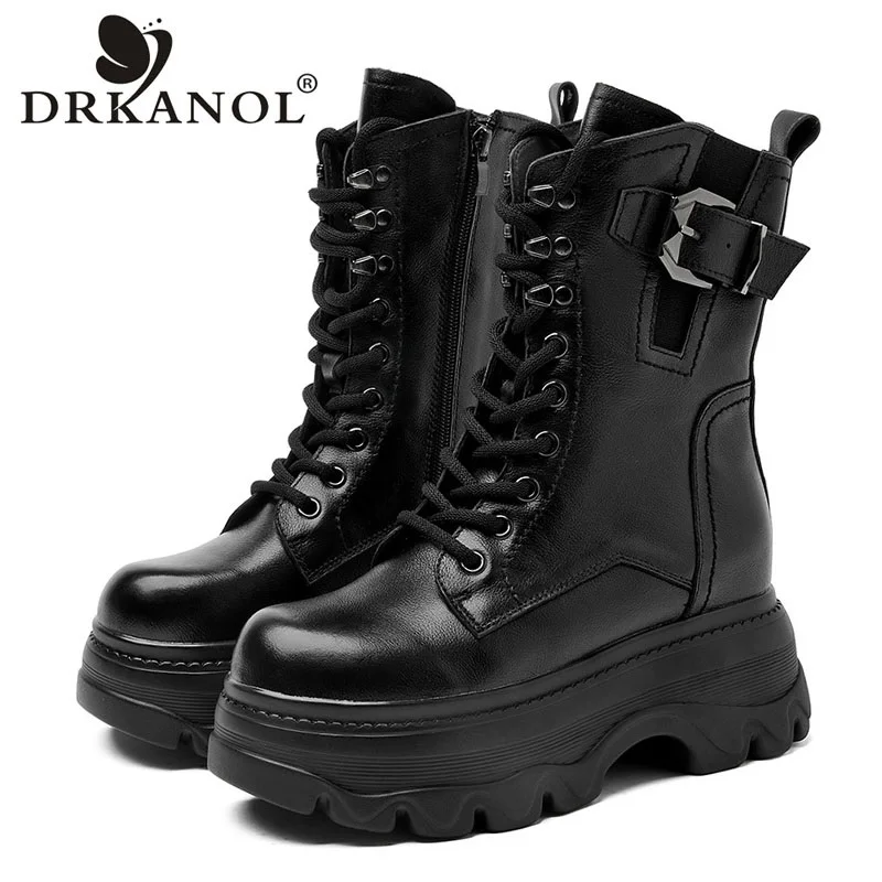 DRKANOL Luxury Design Genuine Leather Boots Women Winter Thick Plush Warm Snow Boots Ladies Thick Bottom Platform Mid Calf Boots