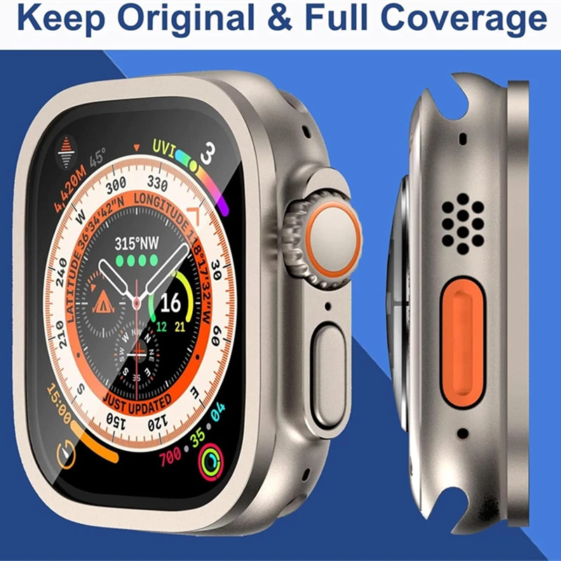Carcasa de aleación de aluminio + vidrio templado para Apple Watch Ultra 2 49mm, protector de pantalla a prueba de rayones para iWatch Ultra 49mm 2
