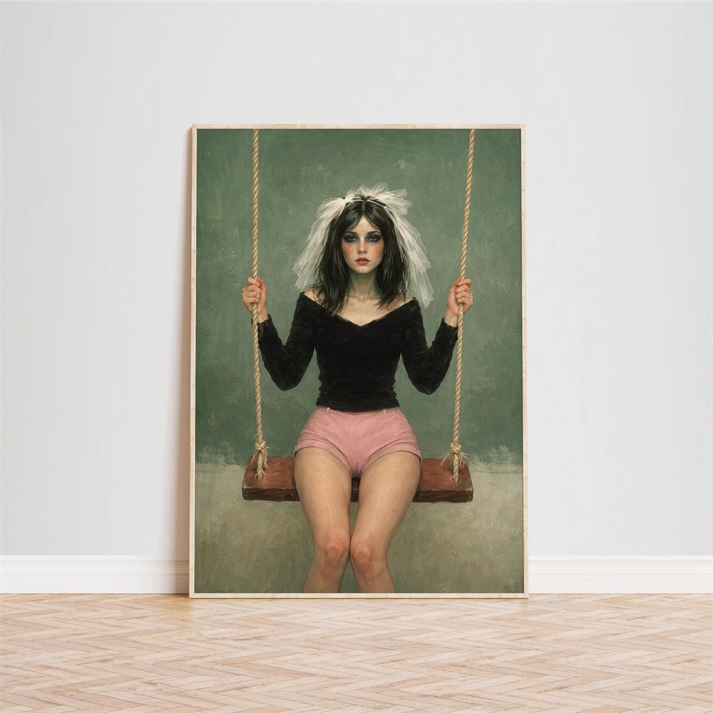 Woman on Swing Prints Melancholic Bridal Mood Illustration Poster Modern Woman Art Surreal Feminist Wall Decor Home Gallery Art