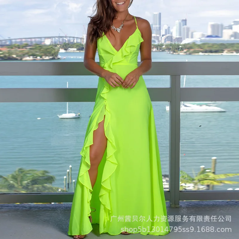 

Новинка 2023, женские платья, желтое сексуальное платье с рюшами и высоким разрезом на подтяжках для женщин