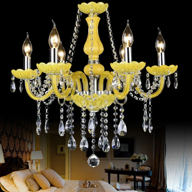 DLMH European Luxurious Crystal Pendent Lamp Yellow Candle Lamp Warm Living room and bedroom Restaurant Hotel Villa Chandelier