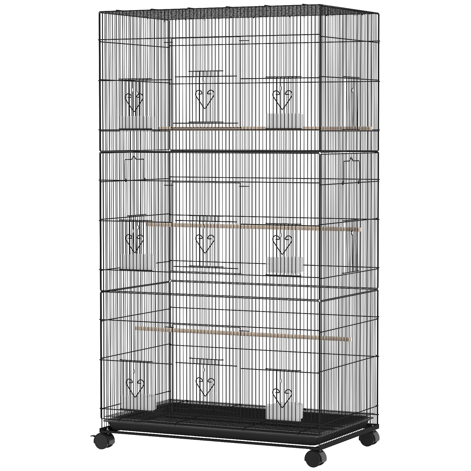 Grande gabbia per uccelli in acciaio con ruote, vassoio rimovibile, porte, piastrine, mangiatoie, 77x46,5x141 cm, colore nero.
