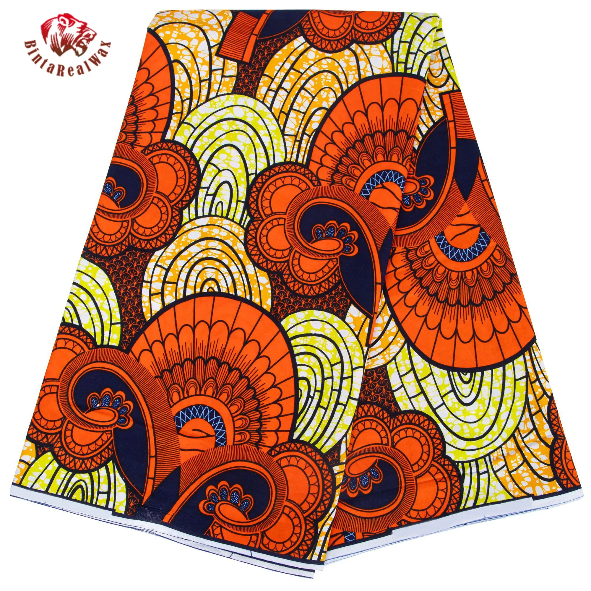 

African Wax Print Fabric - Orange-Yellow-Blue Peacock Feather Pattern, Ethnic DIY Clothing & Home Decor 24FS1620