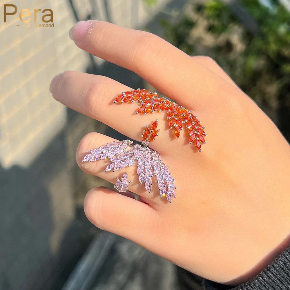 Pera Adjustable Design Red Pink CZ Zircon Gold Plated Big Leaf Charm Finger Rings for Women Banquet Dancing Party Jewelry R183