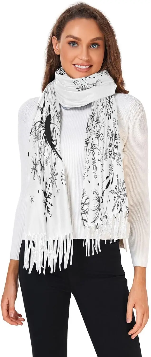 Winter Scarves for Women Cold Weather with Tassels Black Snowflakes Dandelion Winter Extra Large Lightweight Warm